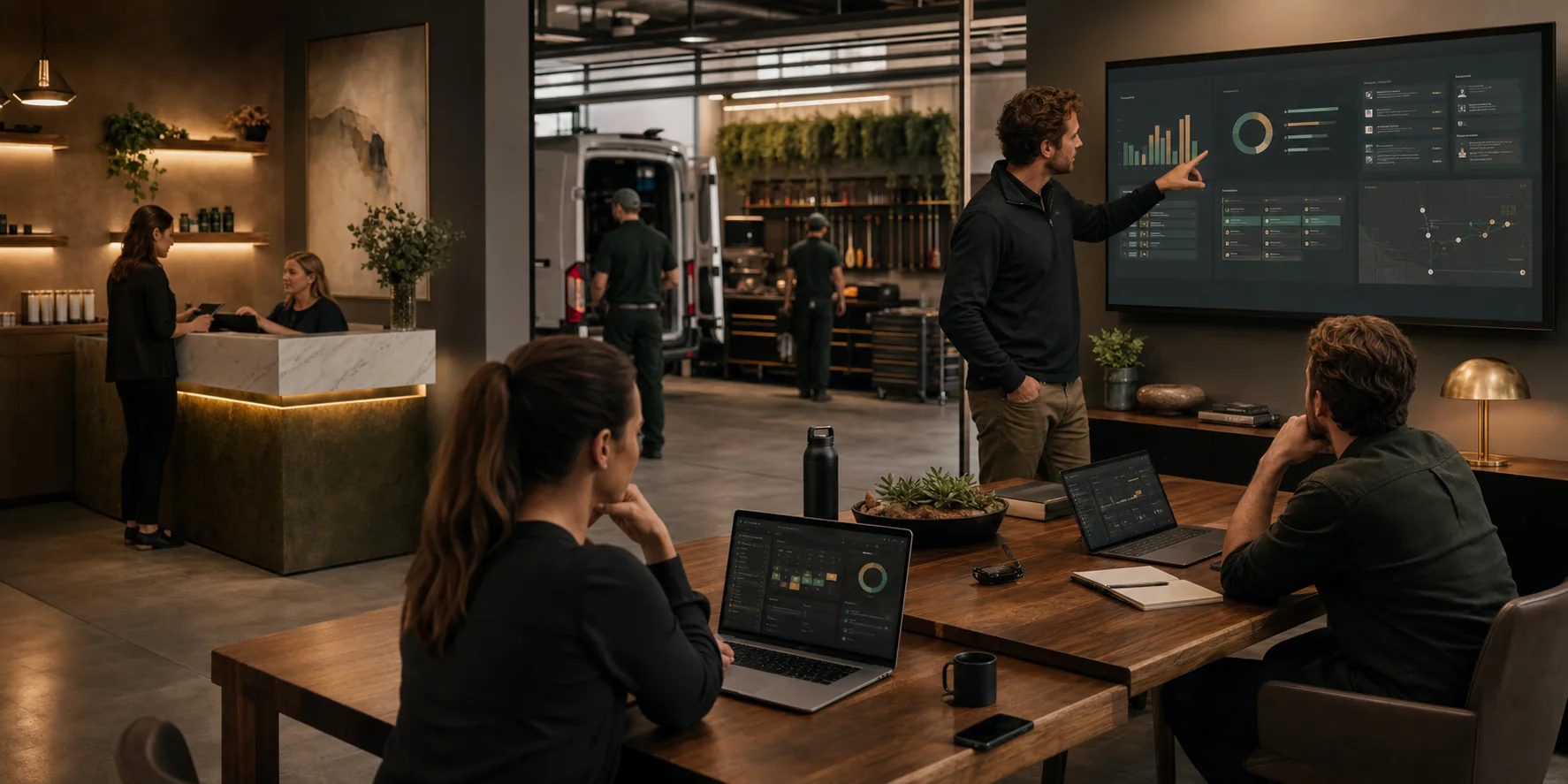 A service-business operations team using connected software across wellness and field-service work.